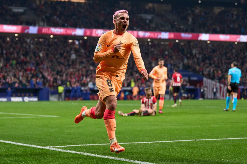 Antoine Griezmann celebra su gol en el Atlético de Madrid-Athletic Club