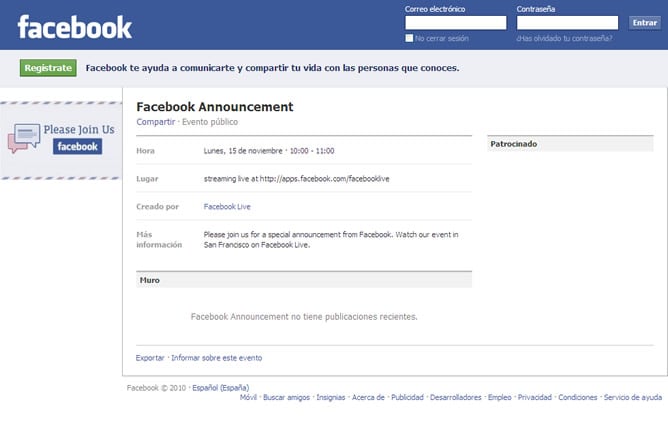 Facebook ha creado un &quot;evento público&quot; de su próximo anuncio.