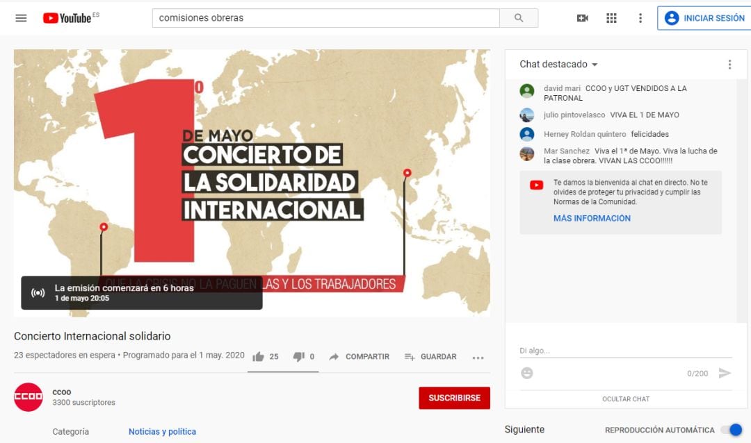 Canal oficial de CCOO en youtube desde el que se podrán ver los conciertos de hoy