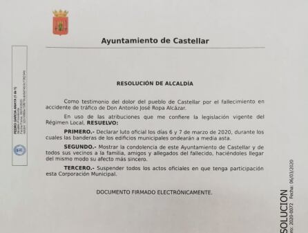 Resolución dictada por la alcaldía tras el acuerdo de la corporación