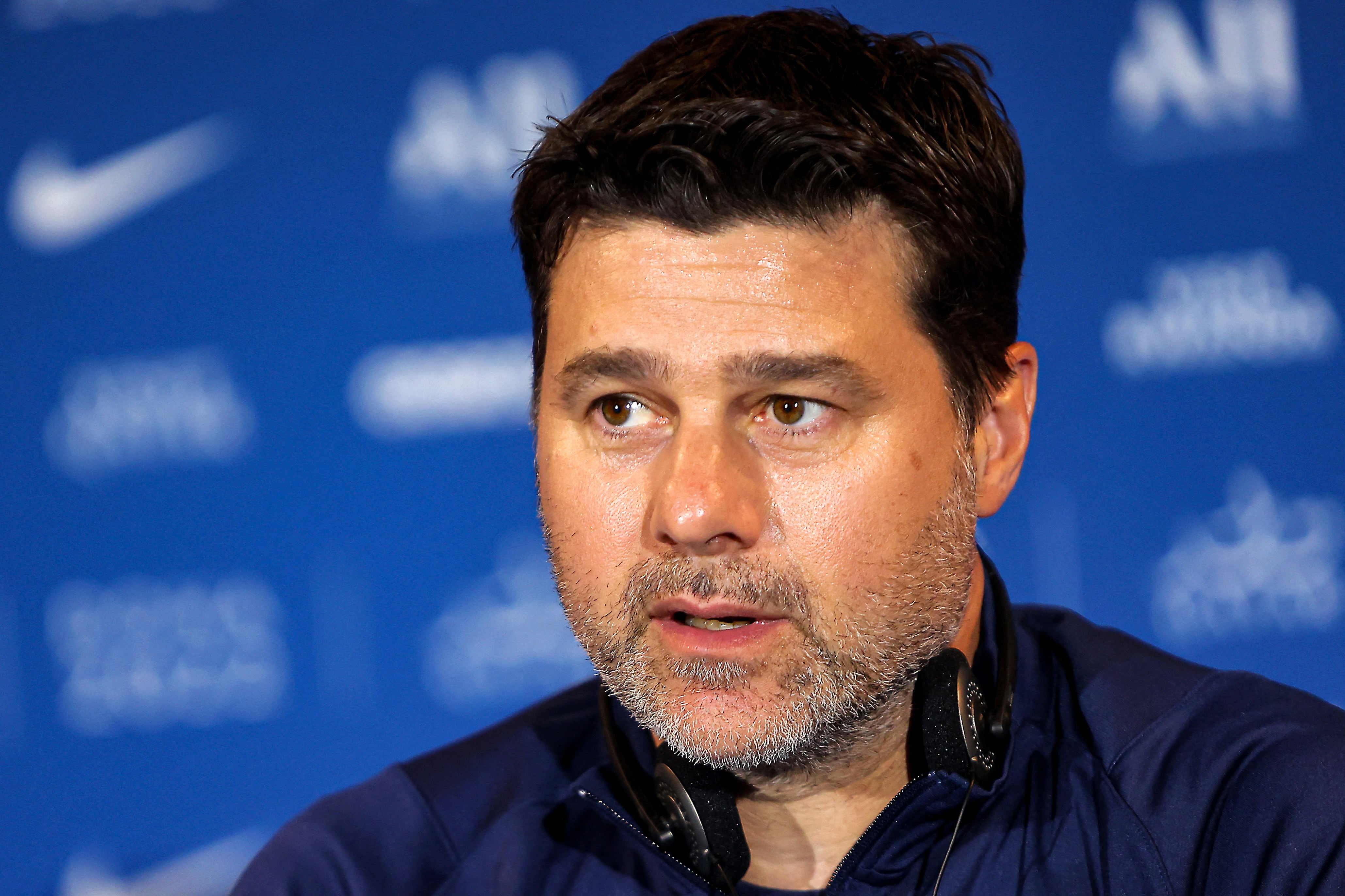 Paris Saint-Germain&#039;s Argentinian head coach Mauricio Pochettino gives a press conference during the spring training camp in Qatar&#039;s capital Doha on May 15, 2022. (Photo by KARIM JAAFAR / AFP) (Photo by KARIM JAAFAR/AFP via Getty Images)