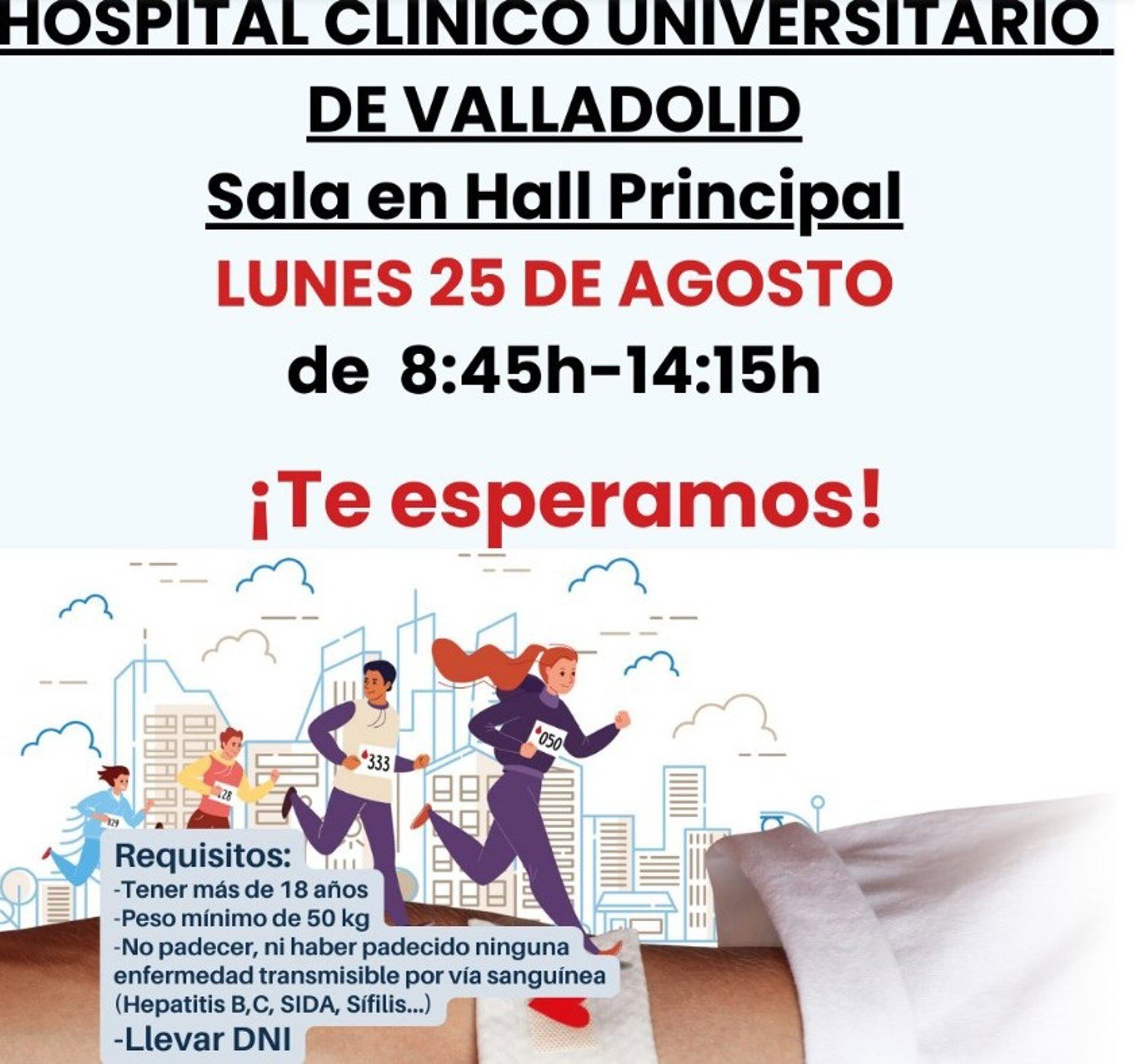 22/08/2025 El Clínico Universitario de Valladolid celebra el lunes una colecta de sangre en colaboración el Centro de Hemoterapia.
El Hospital Clínico Universitario de Valladolid celebrará este lunes, día 25 de agosto, una colecta de sangre en colaboración con el Centro de Hemoterapia y Hemodonación de Castilla y León, en horario matutino.
CASTILLA Y LEÓN ESPAÑA EUROPA VALLADOLID SALUD
CLÍNICO UNIVERSITARIO VALLADOLID