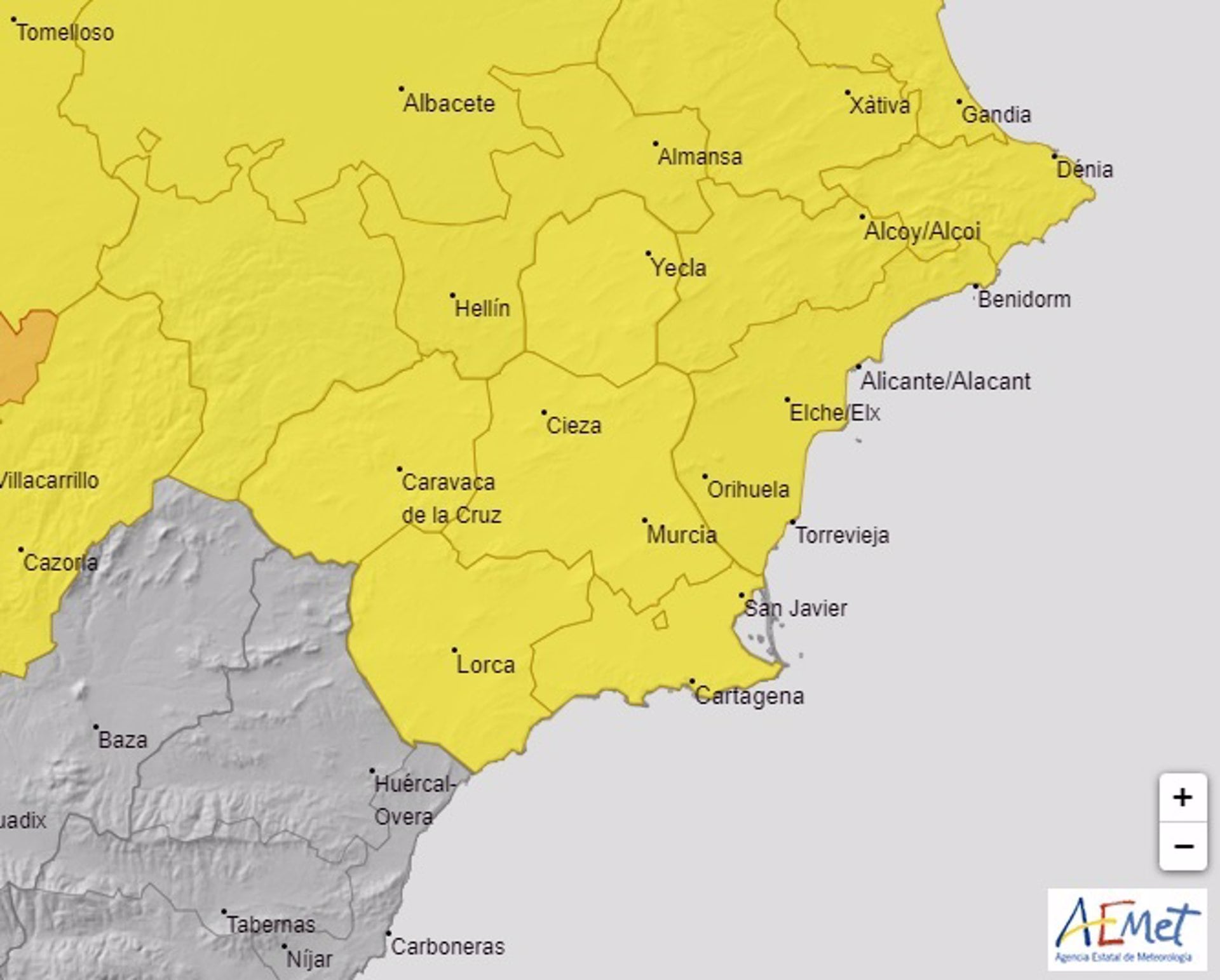 El mapa de la Región de Murcia se tiñe este jueves de amarillo por altas temperaturas.