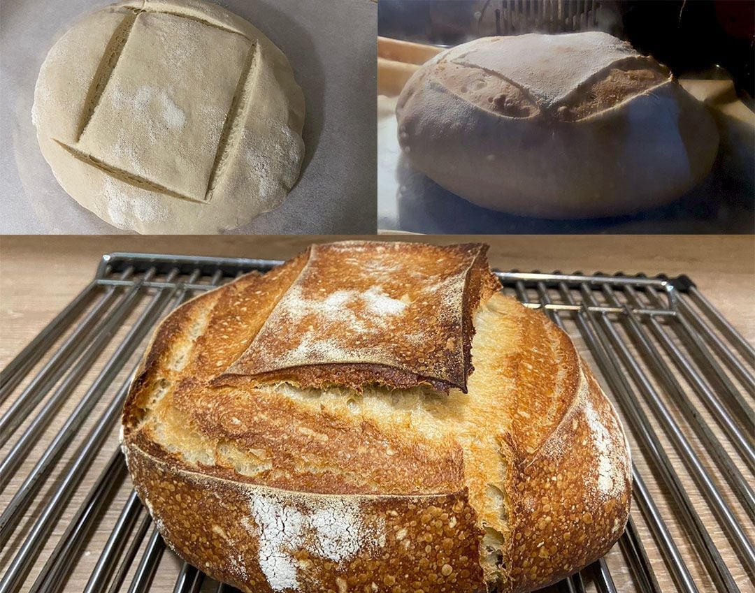 Distintas fases de un pan casero, antes de meterlo en el horno, dentro del horno y ya horneado