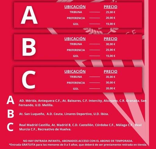 Categorías de precios para los partidos del Algeciras