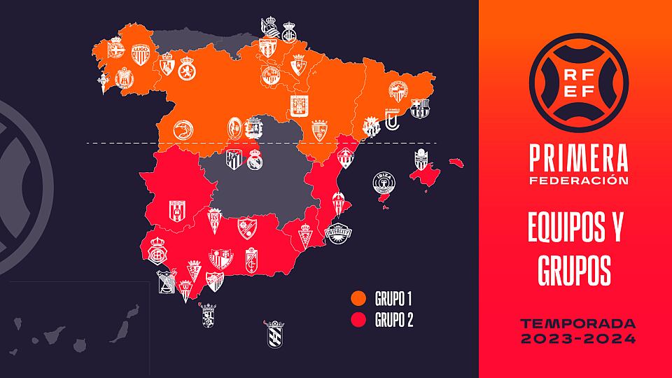 Mapa con los equipos y grupos de la Primera Federación