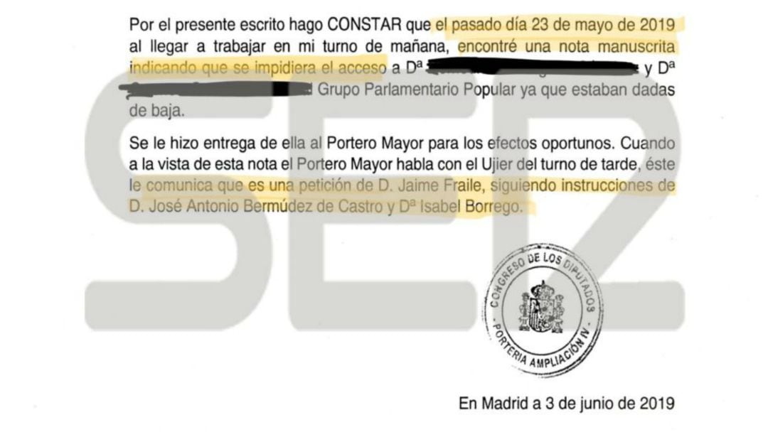 Documento elaborado por la portería del Congreso de los Diputados. 