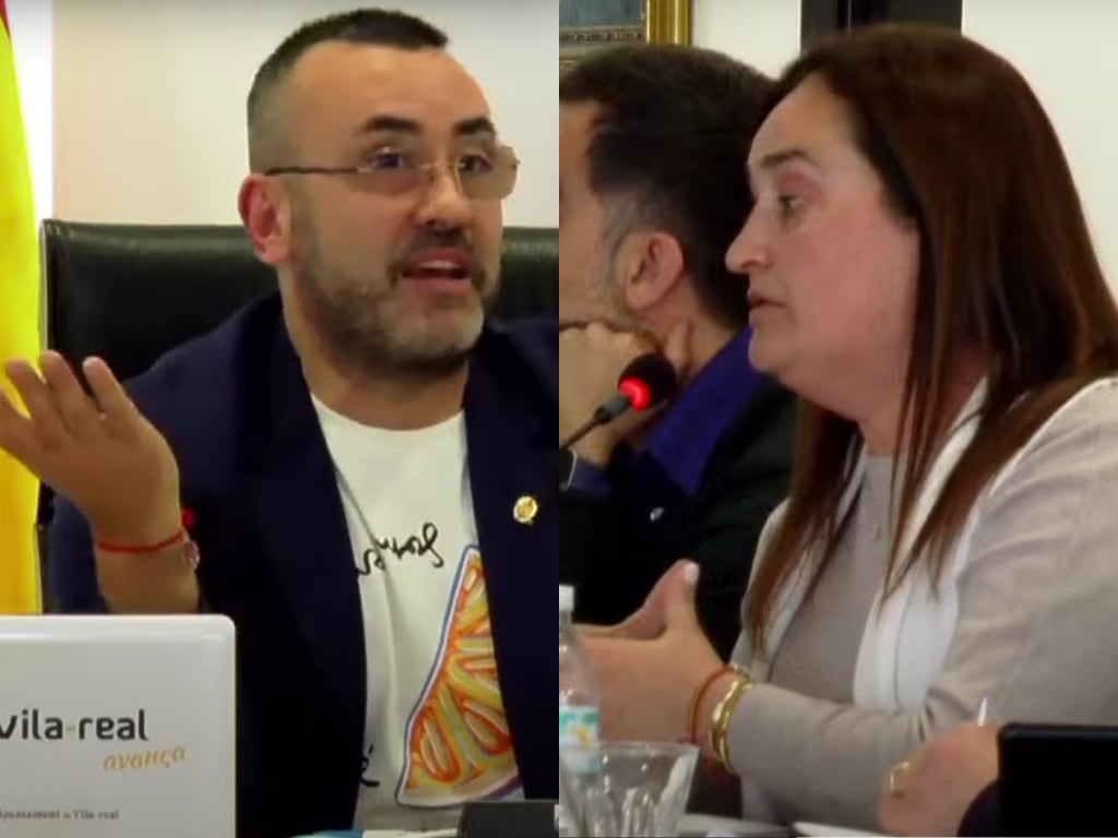 El alcalde de Vila-real, José Benlloch (izquierda), reprende a la portavoz de Vox, Irene Herrero (derecha), por su pregunta en el pleno.