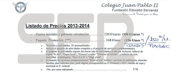 Documento del Colegio Juan Pablo II de Alcorcón con el listado de precios 2013-2014.