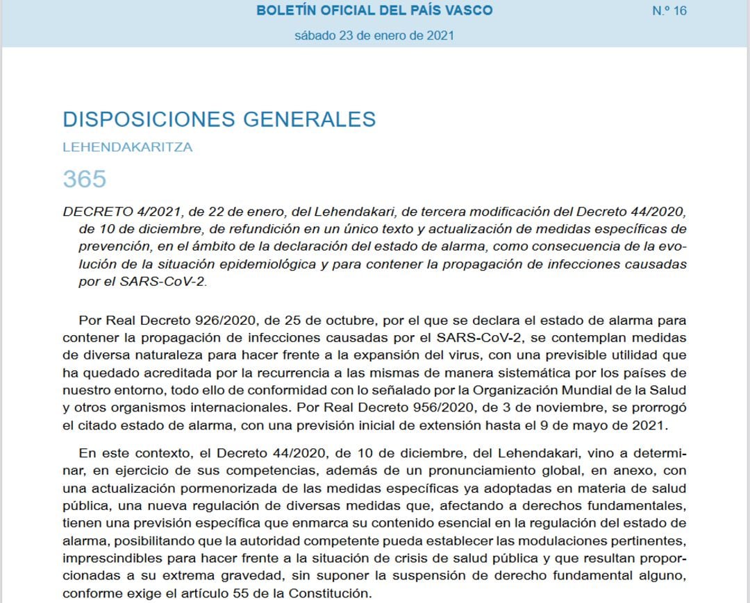 Extracto del decreto del lehendakari con las nuevas restricciones aprobadas este viernes por el Consejo Asesor del LABI