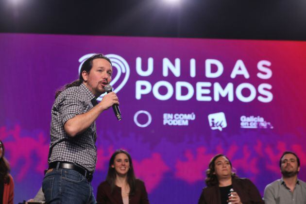 El candidato a la Presidencia del Gobierno por Unidas Podemos, Pablo Iglesias durante un mitin de fin de campaña del partido.