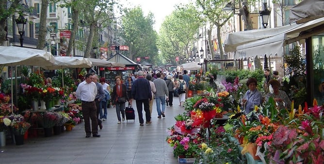 Una imatge dels quioscos de venda de flors de la Rambla de Barcelona