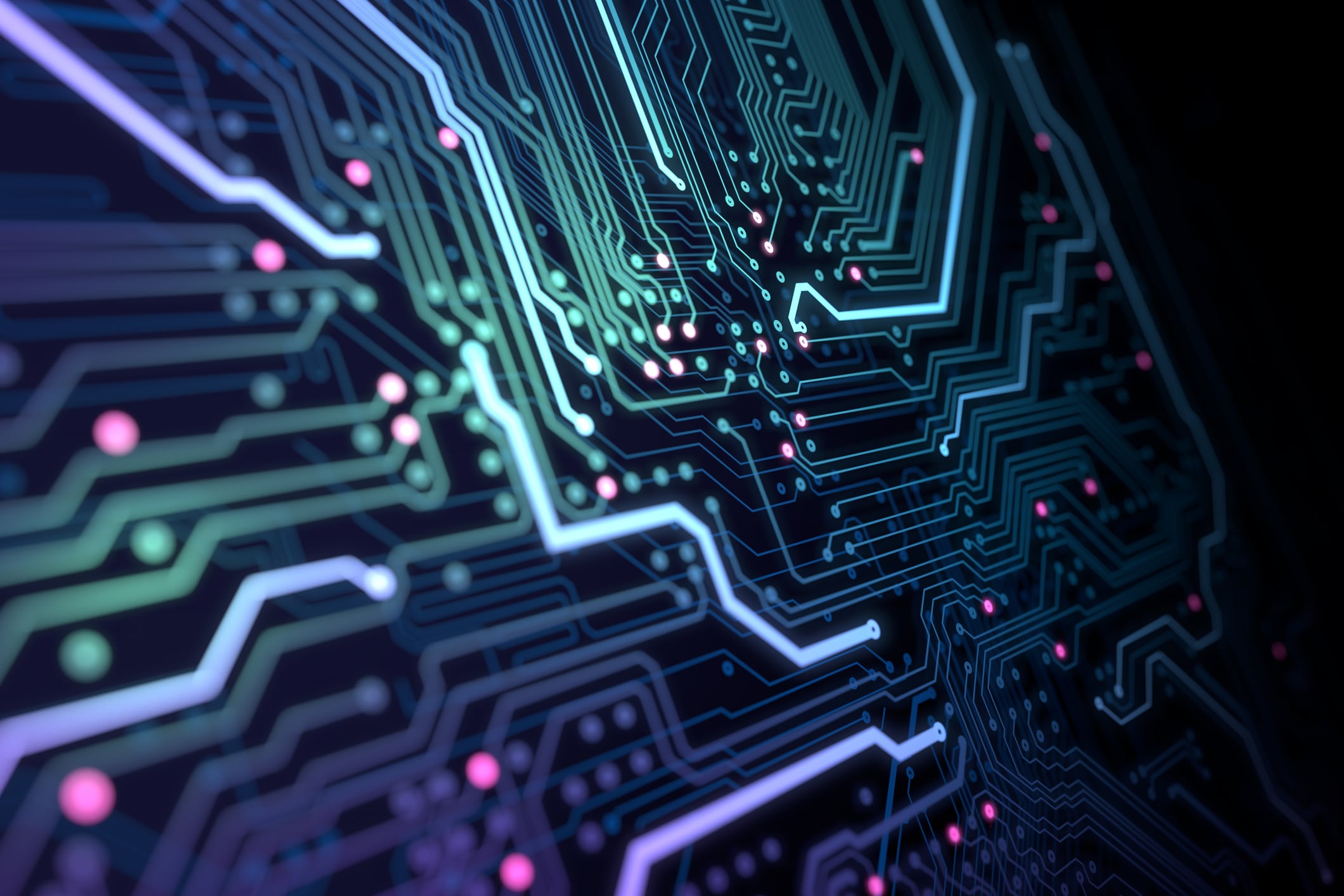 Circuit board with running data by a glowing lines.