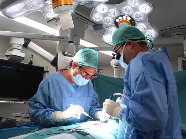 Dos especialistes de l'Hospital Joan XXIII fent una cirurgia.