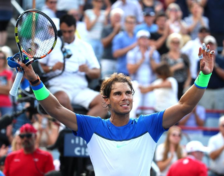 Aug 12, 2015; Montreal, Quebec, Canada;  Rafael Nadal of Spain waves to the crowd after winning against Sergiy Stakhovsky of Ukraine (not pictured) during the Rogers Cup tennis tournament at Uniprix Stadium. Mandatory Credit: Jean-Yves Ahern-USA TODAY Sports