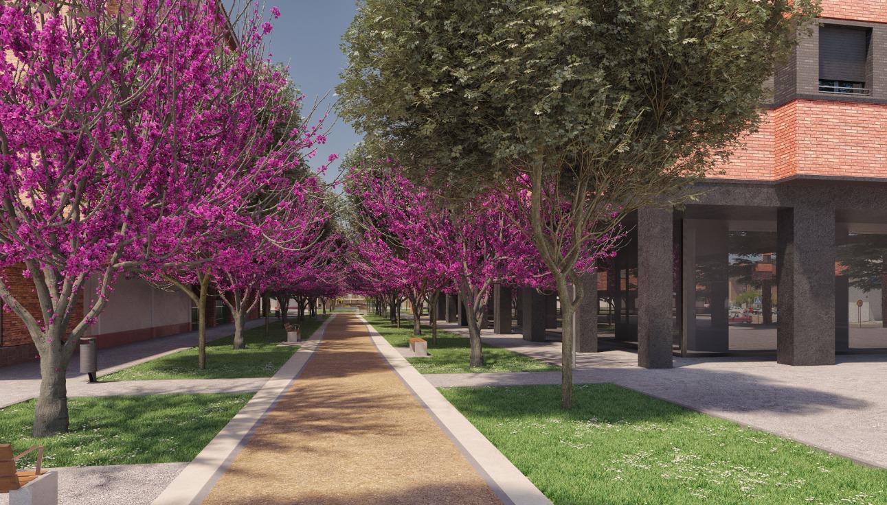 Infografía de uno de los paseos peatonales de los futuros entornos de La Alcoholera