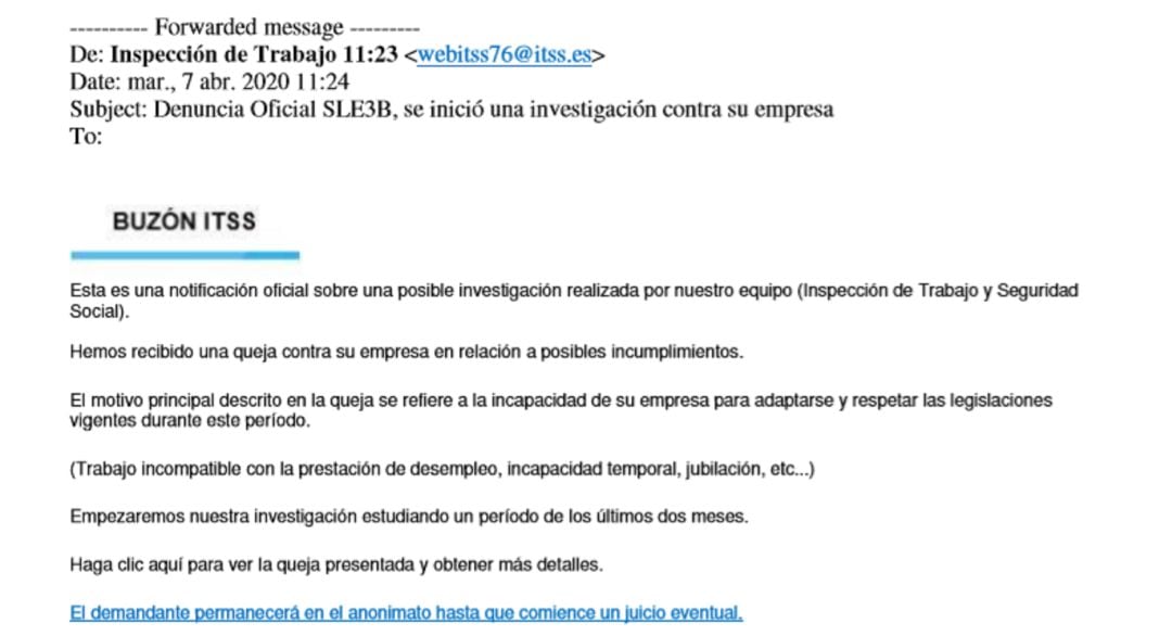 Detalla de uno de los correos maliciosos detectados por ASEMAR