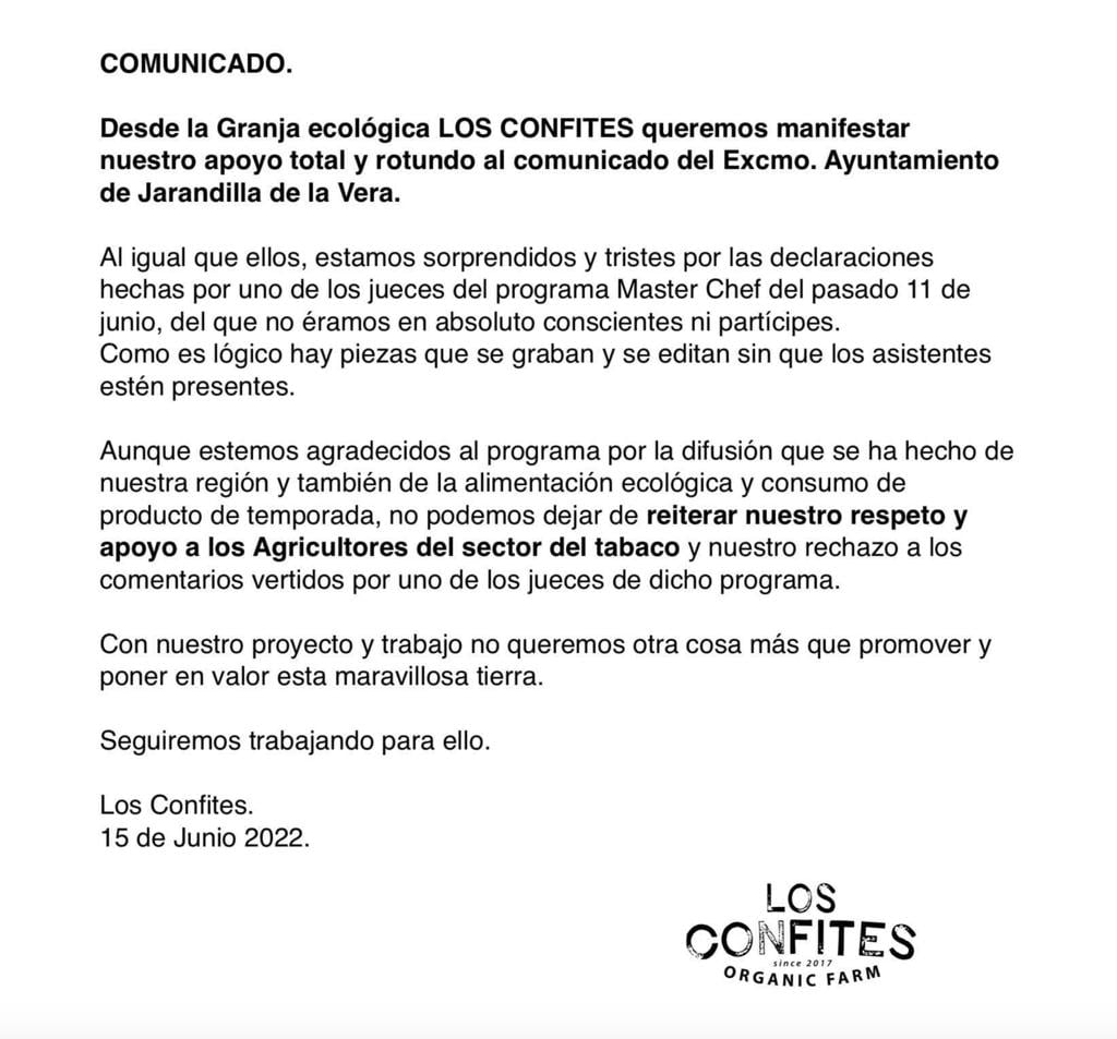 Comunicado Los Confites tras la emisión del programa Masterchef