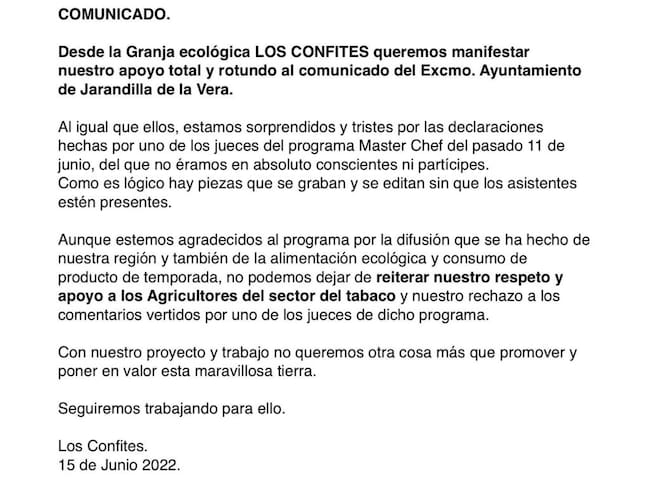Comunicado Los Confites tras la emisión del programa Masterchef