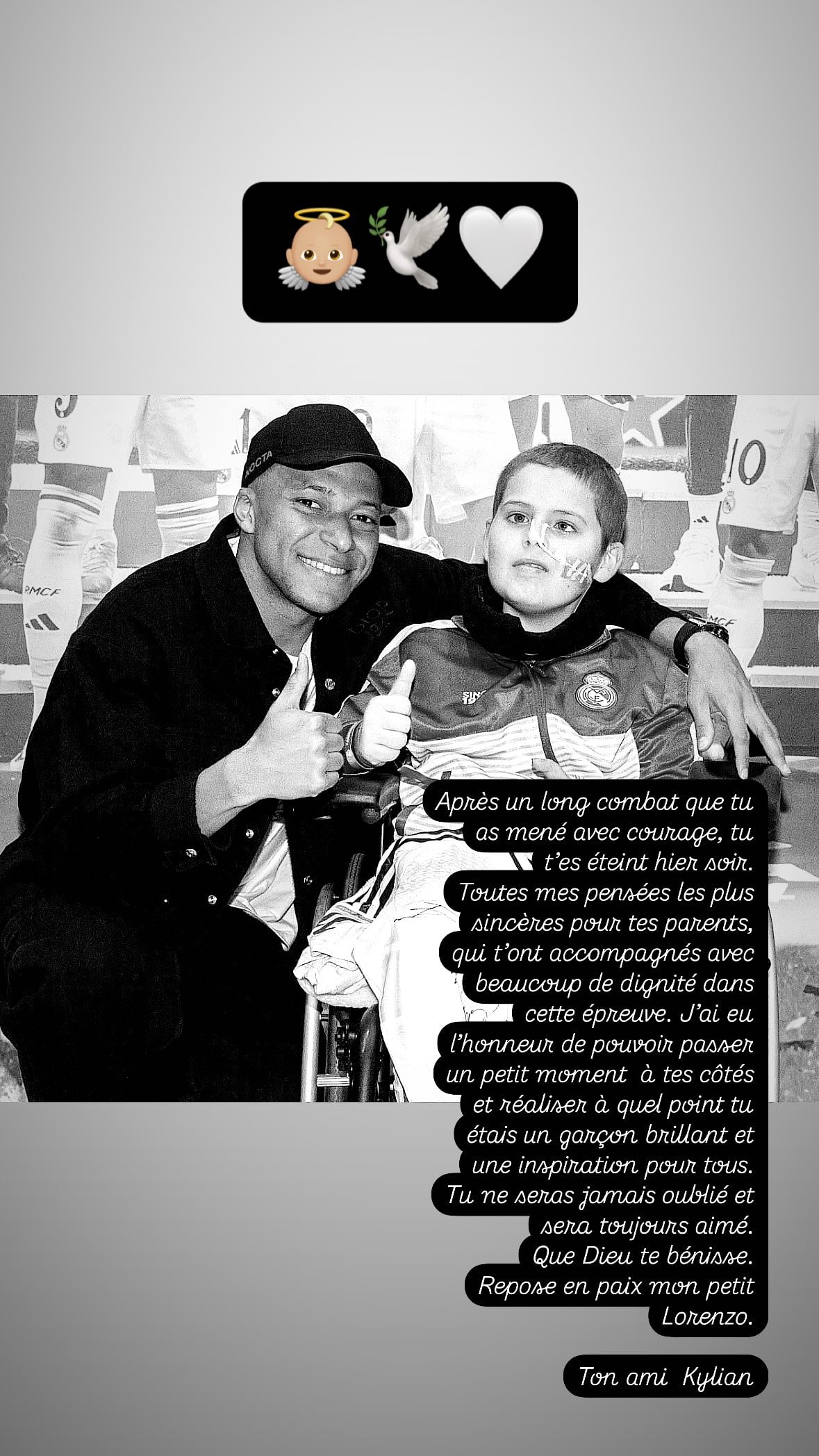 Kylian Mbappé se despide del pequeño Lorenzo en sus stories de Instagram