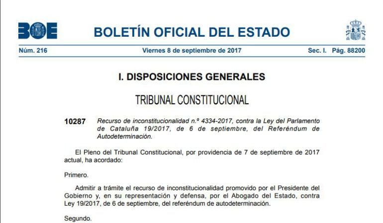 El Boletín Oficial del Estado ya ha publicado la admisión a trámite por parte del Tribunal Constitucional de los recursos del Gobierno contra la convocatoria del referéndum en Cataluña.