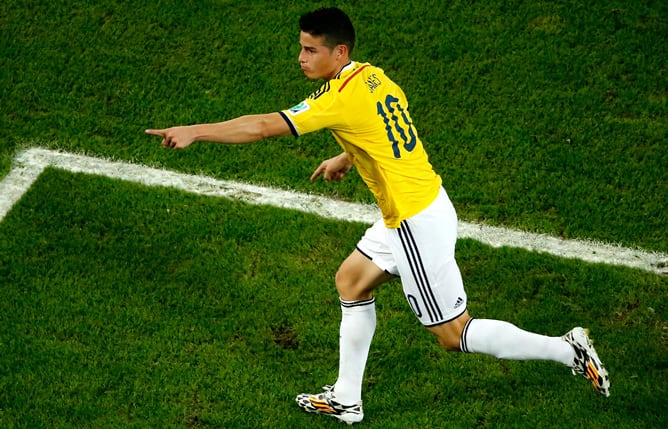 James Rodríguez celebra uno de sus goles en Brasil.