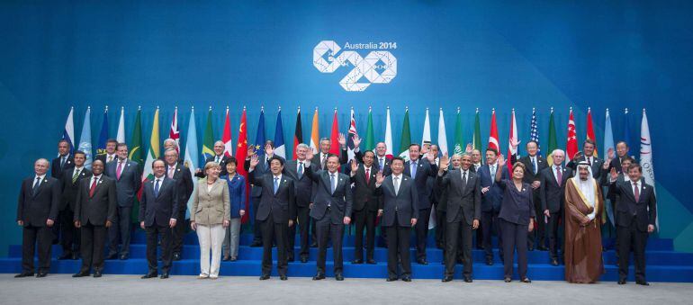 Los líderes mundiales del G20 durante la foto de familia en Brisbane en Noviembre 15, 2014.      AFP PHOTO / POOL / Pablo Martinez Monsivais