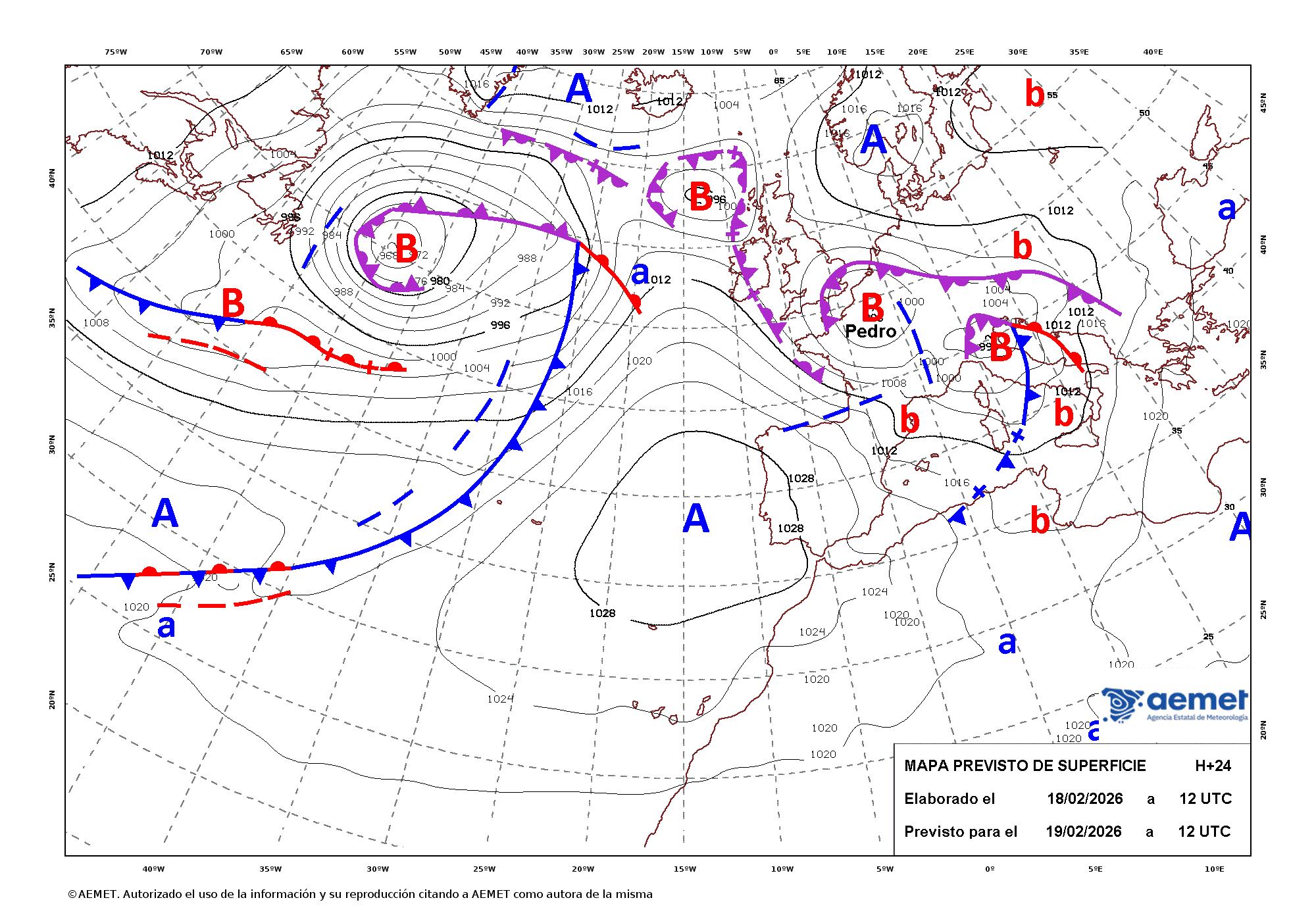 MADRID, 18/02/2026.- Mapa de isobaras elaborado por la Aemet el 18/02/2026 previsto para el 19/02/2026. EFE/ Aemet ***SOLO USO EDITORIAL/SOLO DISPONIBLE PARA ILUSTRAR LA NOTICIA QUE ACOMPAÑA (CRÉDITO OBLIGATORIO)***