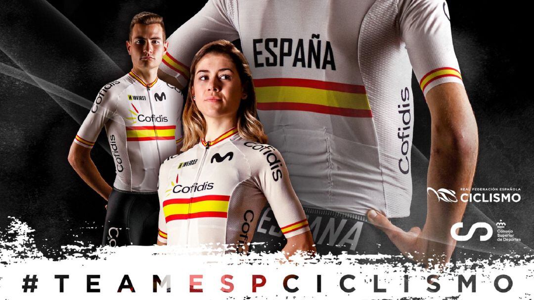 Sara Martín (Movistar Team) y el granadino Carlos Rodrírguez (Ineos Grenadier) imagen de la nueva equipación nacional.