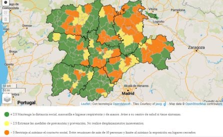 Las cinco zonas de salud de la Ribera teñidas de verde en el mapa de incidencia de la pandemia a 7 y 14 días
