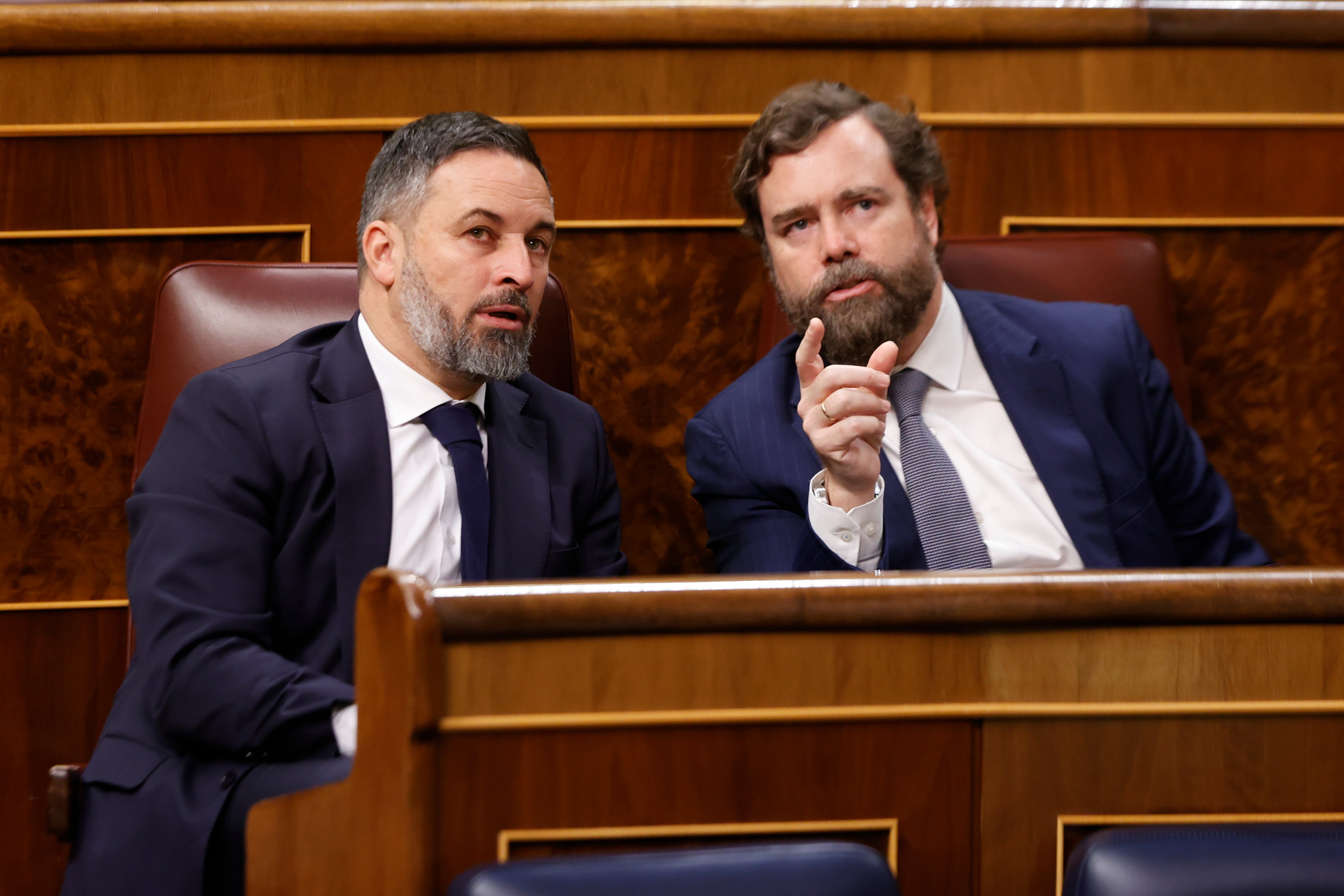 El líder de Vox, Santiago Abascal (i), y el portavoz de la misma formación, Iván Espinosa de los Monteros, en el Congreso.