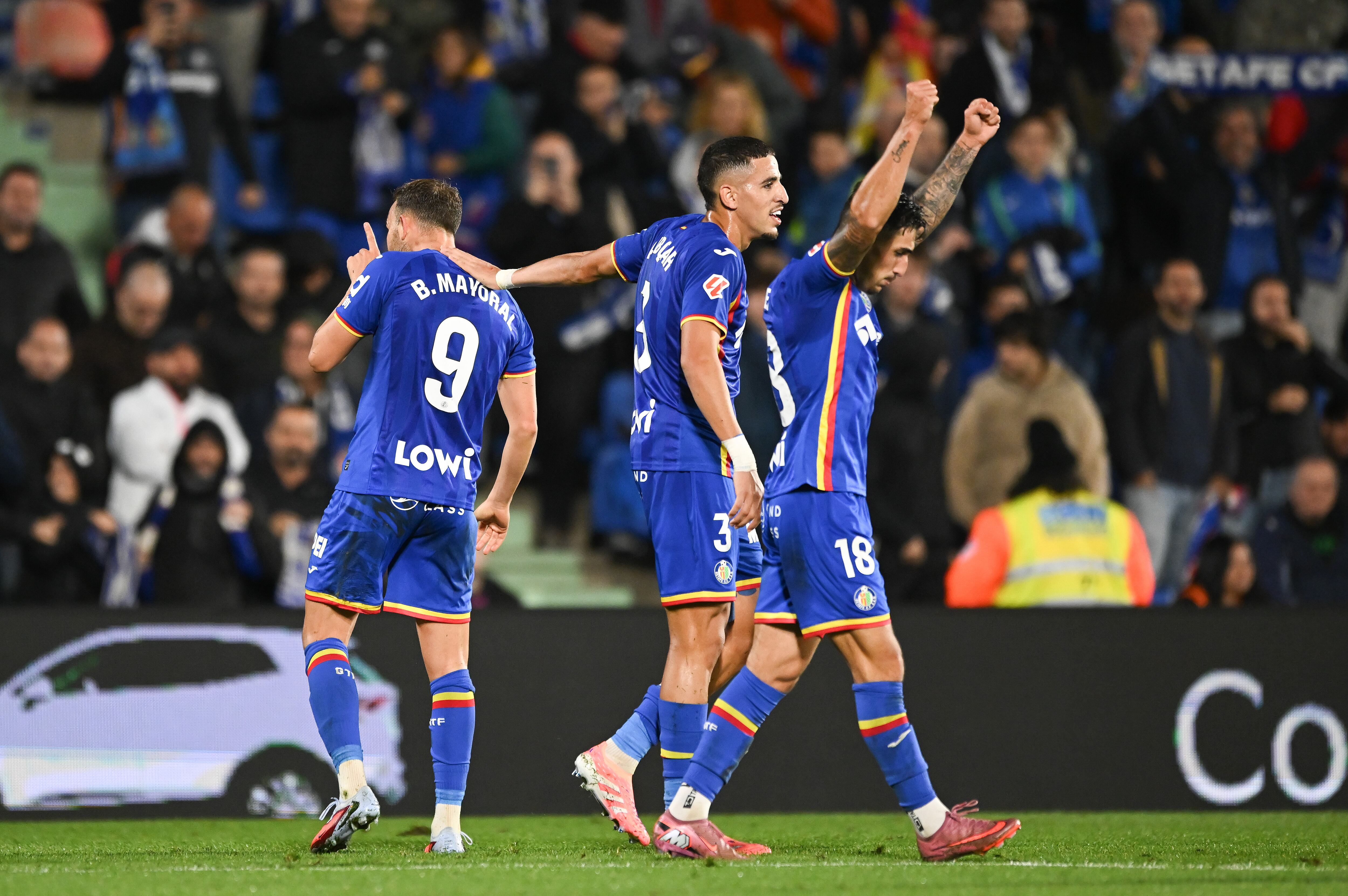 Los jugadores del Getafe CF celebrando un gol ante el Girona FC