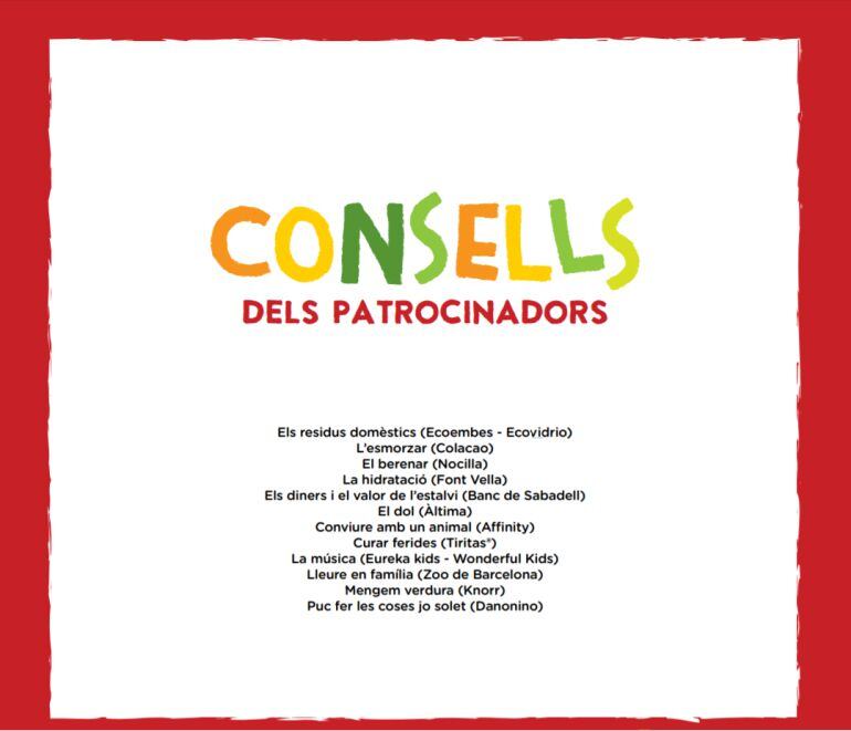 Una de las páginas del libro 'Un infant que creix' (2015) con  consejos rutinarios para niños (almorzar, comer, merendar...) patrocinados por empresas e instituciones. 