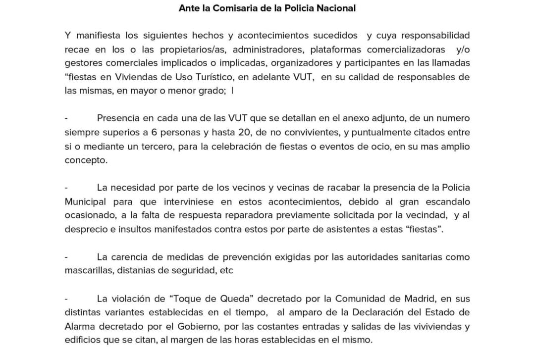 Fragmento de la denuncia presentada por las asociaciones vecinales del centro de Madrid contra las Viviendas de Uso Turístico (VUT)