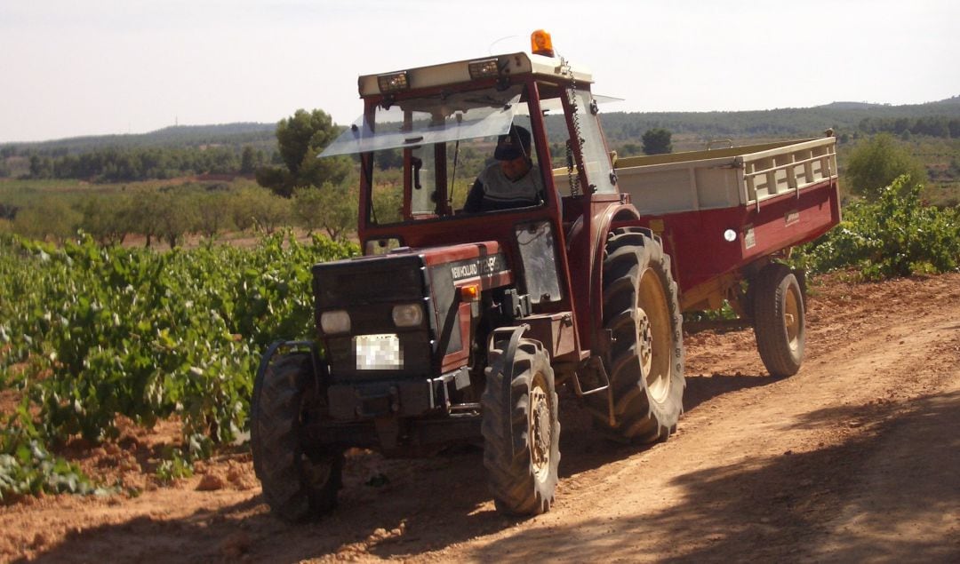 Foto de archivo de un tractor en una recogida de uva