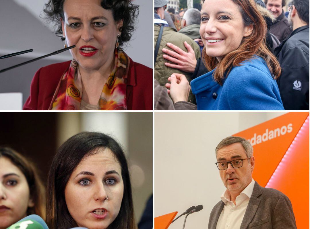 La ministra de Trabajo Magdalena Valerio y los líderes del PP (Andrea Levy), Podemos (Ione Belarra) y Ciudadanos (José Manuel Villegas). 