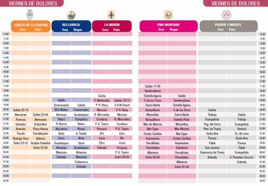 Parrilla con los horarios e itinerarios del Viernes de Dolores