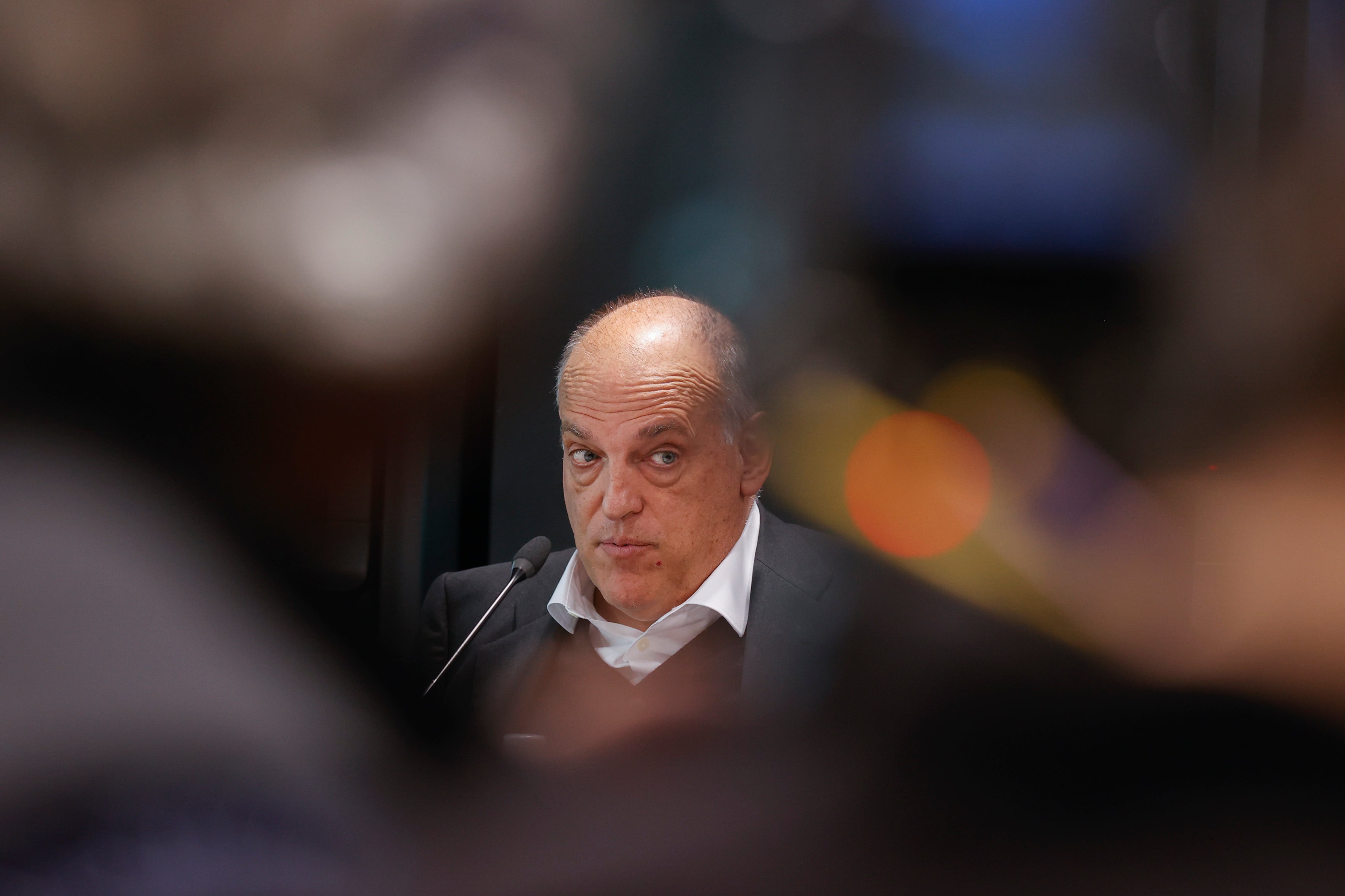 El presidente de LaLiga, Javier Tebas, durante una comparecencia con la prensa