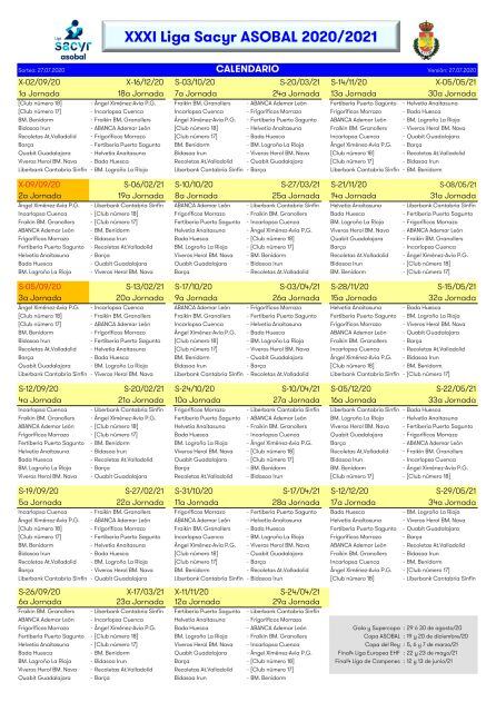 El calendario completo de la Liga ASOBAL para la temporada 2020 2021.