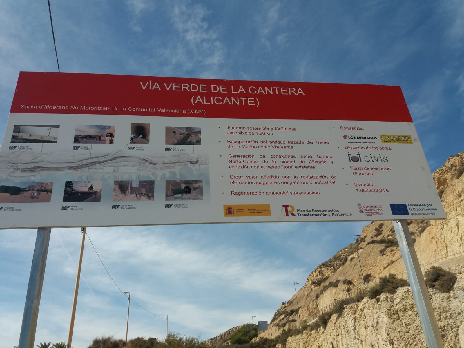 Cartel anunciador del inicio de las obras de la Vía Verde de Alicante