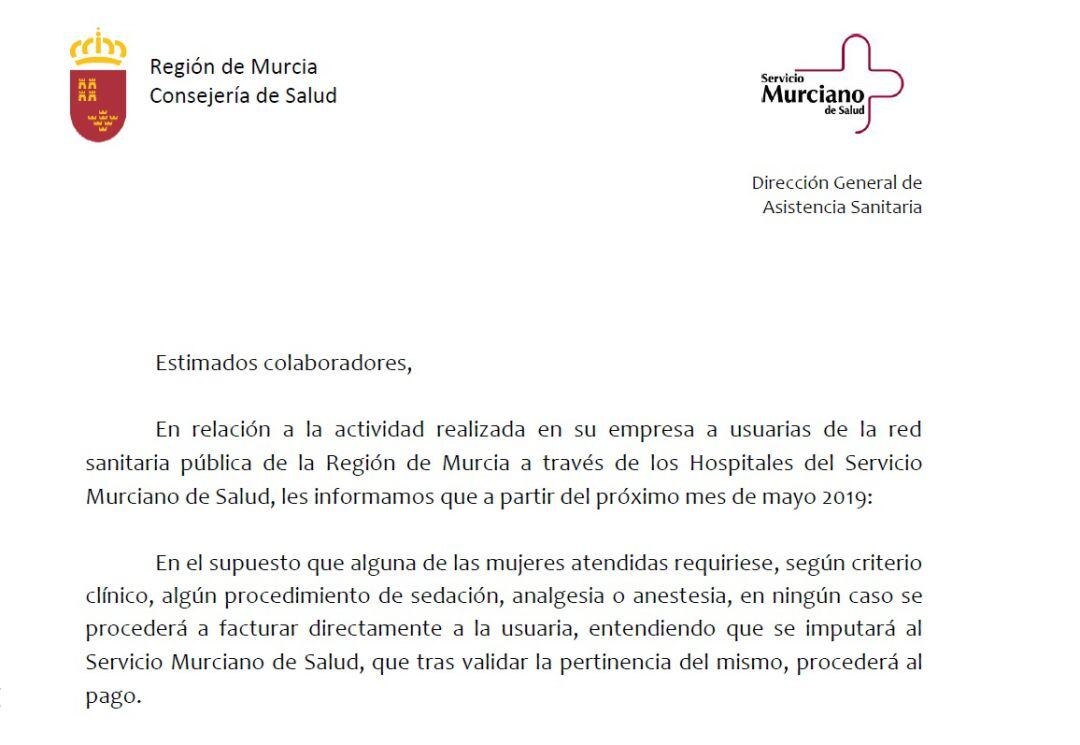 Extracto de la carta enviada por el SMS a las clínicas concertadas que realizan las interrupciones voluntarias del embarazo