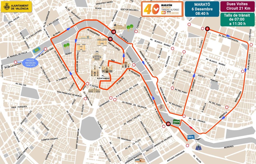 Recorrido de la Maratón València 2020 (que será el mismo que el de la media Maratón) de este domingo. 