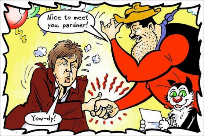 Paul McCartney aparece en esta viñeta haciendo una mueca por el fuerte apretón de manos que le da Desperate Dan