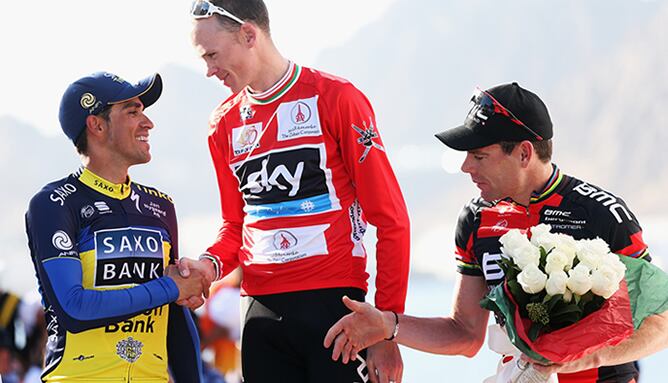 Alberto Contador, Chris Froome y Cadel Evans, en el podio del Tour de Omán 2014.