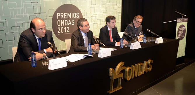 Alejandro Nieto, Augusto Delkáder, Juan Pablo Álvarez y Josep María Martí en el momento en el que se ha dado a conocer el fallo del jurado de la 59ª edición de los Premios Ondas