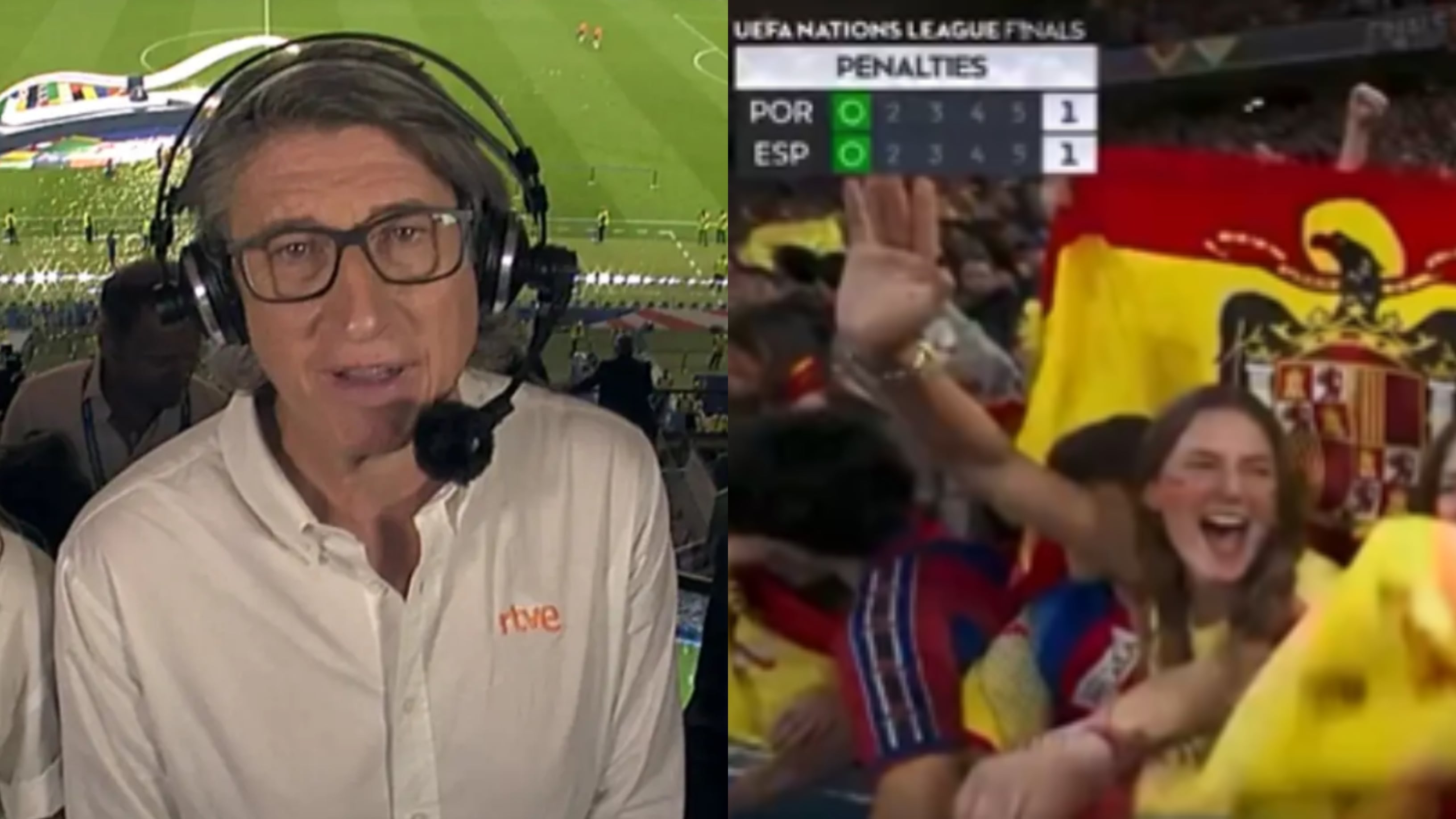 Juan Carlos Rivero y una imagen emitida en la final de la UEFA Nations League este domingo en RTVE