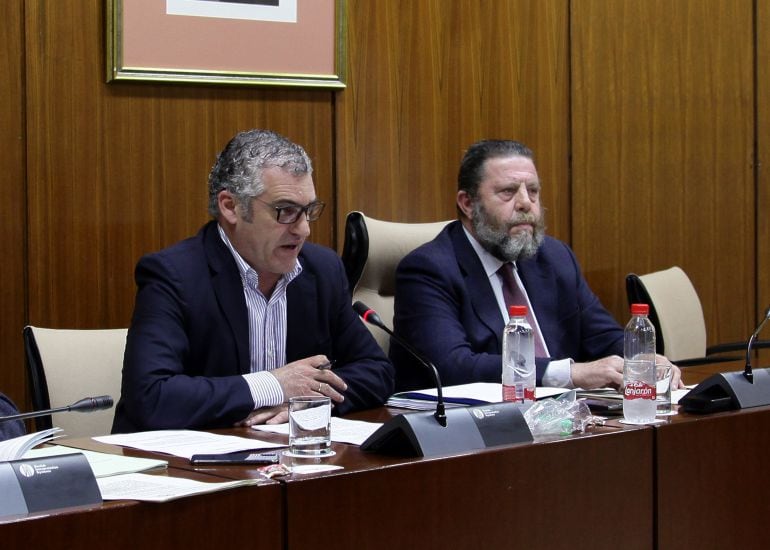 El consejero de Empleo, Javier Carnero, durante su comparecencia en el Parlamento Andaluz