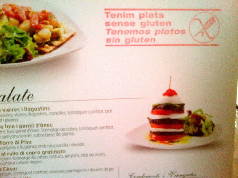 Carta d'un conegut restaurant informant de menús sense glúten. El grup parlamentari liberal acaba d'entrar una proposició de llei per regular la informació alimentària al país.