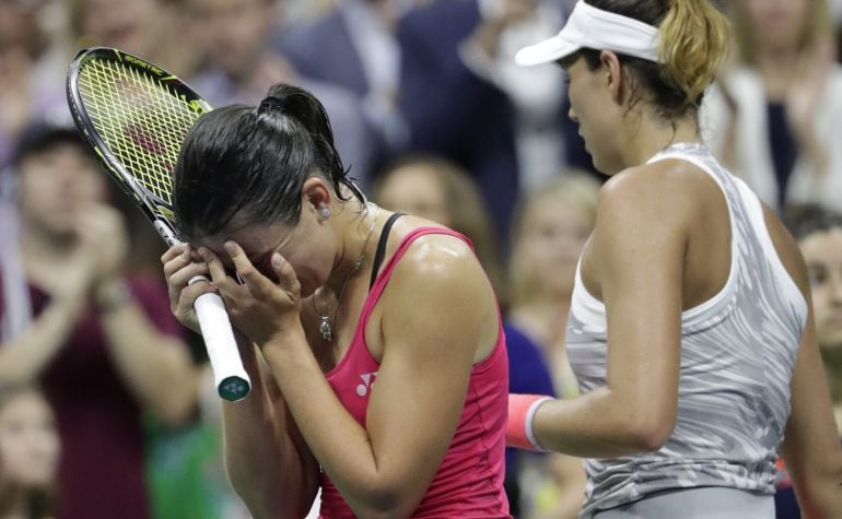 La letona Anastasija Sevastova celebra su triunfo ante Garbine Muguruza en el US Open.