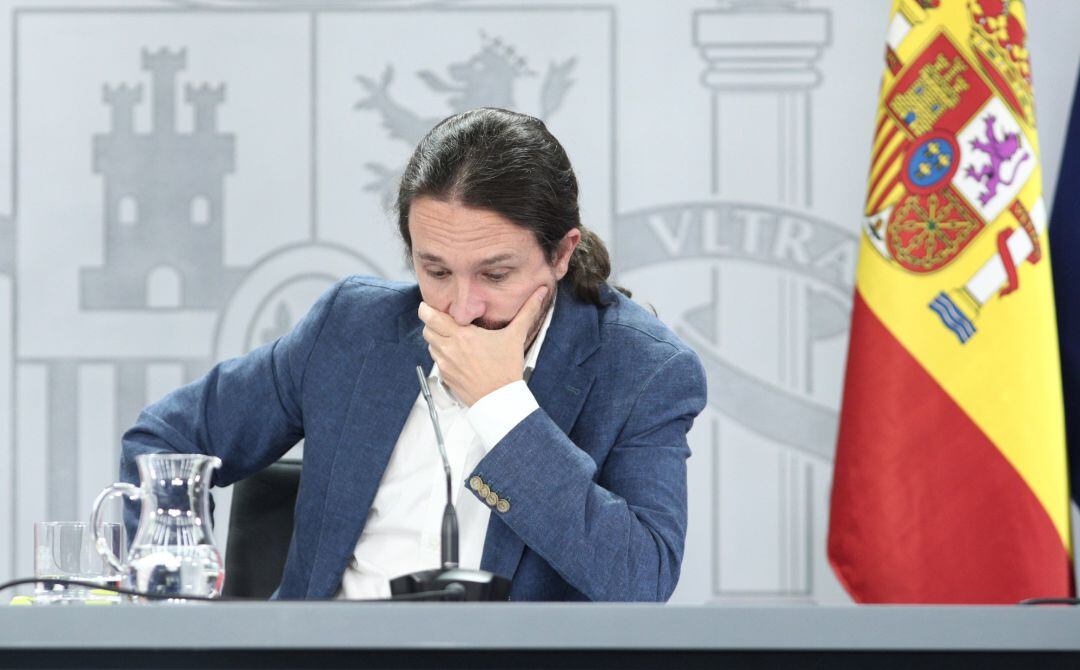 El vicepresidente y ministro de Derechos Sociales y Agenda 2030, Pablo Iglesias, durante la rueda de prensa posterior al Consejo de Ministros en Moncloa, el pasado 7 de junio.